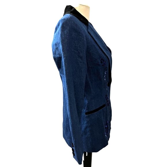Coldwater Creek Vintage Velvet Embroidered Denim Blazer Sz 4 Petite Blue Black - Picture 11 of 14